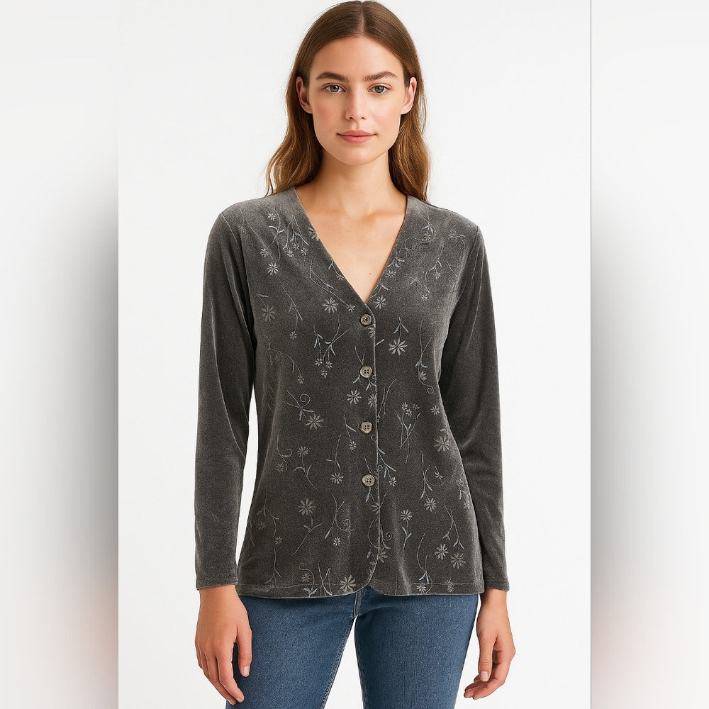 Vintage 90s Soft Works Grey Velvet Floral Cardigan Size 10